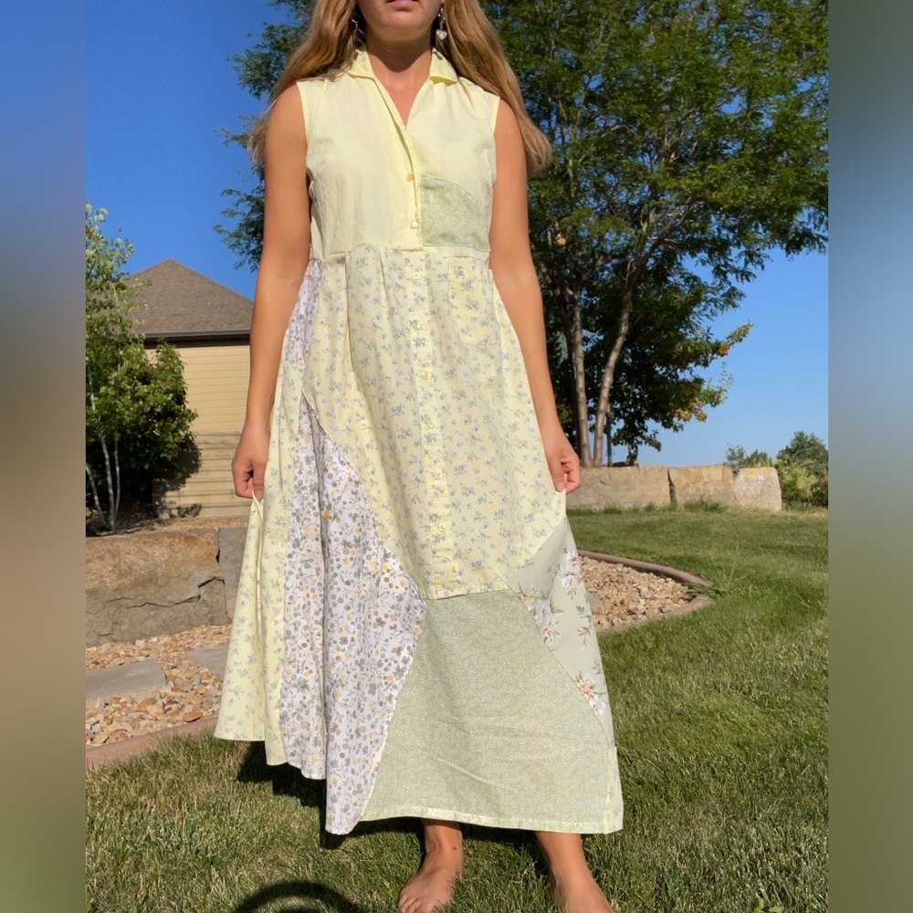 Handmade yellow and green patchwork Cottagecore cotton dress - Picture 11 of 12